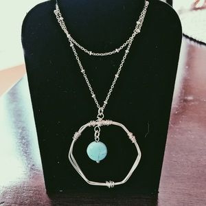 Worn Silvertone Wire Wrapped Hexagon with Bead